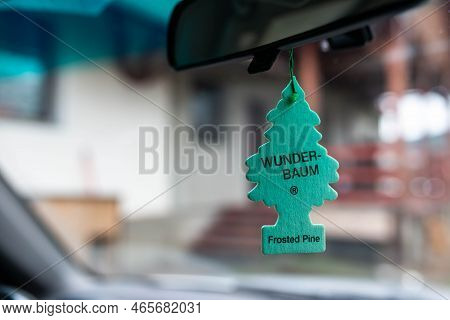 Miercurea Ciuc, Romania- 18 November 2022: Hanging Wunder Baum Frosted Pine Air Freshener On Car Int