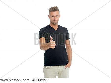 Grizzled Man In Casual Tshirt Showing Thumb Up. Grizzled Man Style. Studio Shot Of Grizzled Man.
