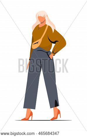 Young Pretty Female With Fair Hair In Trendy Modern Clothes Vector Cartoon Illustration.