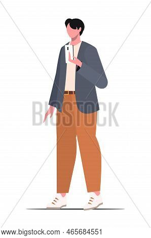 Young Modern Guy In Casual Clothes With A Phone In His Hand. Flat Vector Cartoon Illustration Isolat