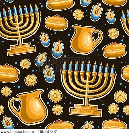 Vector Hanukkah Seamless Pattern, Repeating Background With Illustrations Of Candle Holder, 4 Dreide