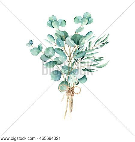 Eucalyptus Watercolor Bouquet. Willow, Silver Dollar And True Blue Branches With Jute Cord Bow. Hand