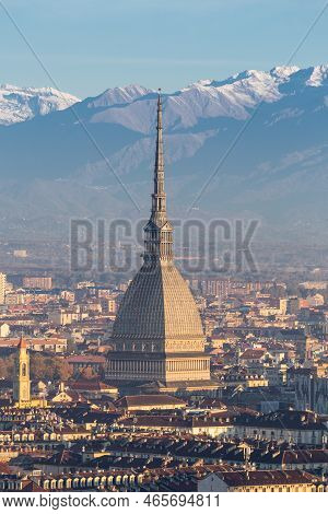 Turin, Italy - Circa November 2021: Panorama With Alps And Mole Antonelliana,. Skyline Of The Symbol