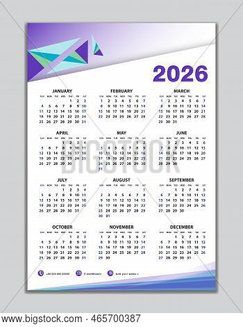 Wall Calendar 2026 Template, Desk Calendar 2026 Design, Week Start Sunday, Business Flyer, Set Of 12