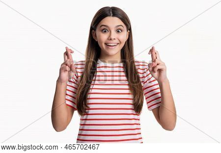 Portrait Of Wishing Teen Girl In Tshirt. Wishing Teen Girl Express Emotions. Wishing Teen Girl