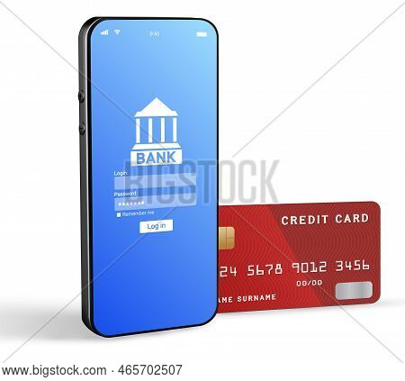 Internet Based Banking. Mobile Phone With Internet Online Bank App. Piggy Bank With Hundred Dollar B