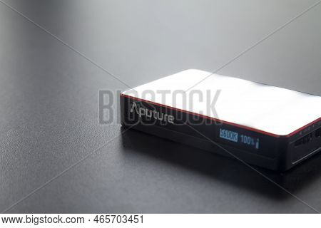 Led Aputure Mc Lit On Top Of A Black Table. Brightness Of Light. Led Concept. Lighting Concept.