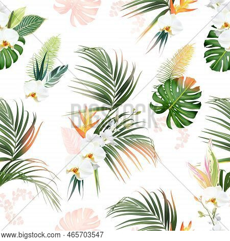 Tropical Greenery Print With Exotic Palm Leaves, White Orchid, Monstera, Orange Bierd Of Paradise