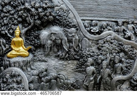 Thai Style Silver Carving Art On Temple Wall , Wat Srisuphan ,chiang Mai, Thailand