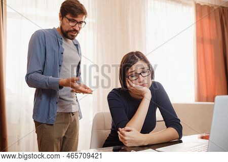 Portrait Of Attractive Mad Furious Coworkers Having Fight Crisis, Scolding Finance Fail Failure At L