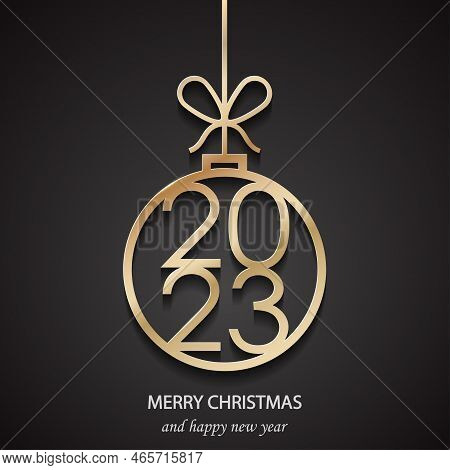 Gold Christmas Tree Decoration 2023 On Black Background. Merry Christmas And Happy New Year 2023. Ch