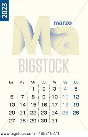 Minimalist Calendar Template For March 2023, Vector Calendar In Spanish Language. Vector Calendar Fo