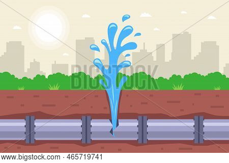 Water Pipe Burst. Water Seeps Out Of The Ground. Flat Vector Illustration.