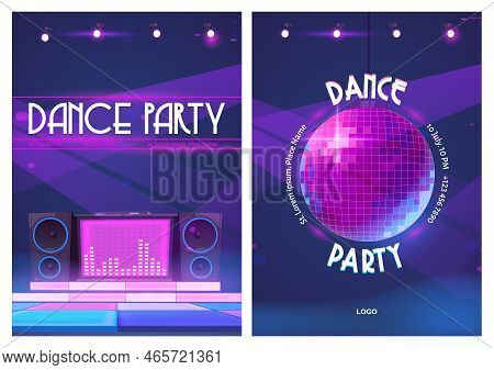 Dance Party Flyers With Disco Ball And Dj Music Console. Posters Of Night Club Event With Discothequ