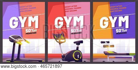 Gym Cartoon Poster With Treadmill. Promotional Flyer With Promocode For Weight Lifting, Body Buildin