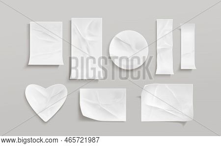 White Glued Stickers Or Crumpled Paper Patches Mockup. Blank Shrunken Labels Of Different Shapes Rou
