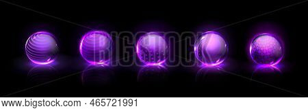 Force Shield Bubbles, Power Energy Glowing Glass Spheres, Defense Dome Fields. Purple Magic Crystal 