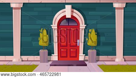 Luxury Cottage House Facade, Home Building Exterior Of Green Brick, Red Wooden Arched Door And Rug A