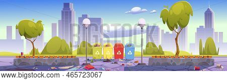 Dirty City Park With Trash Bins For Separate And Recycle Garbage, Wooden Benches And Town Buildings 