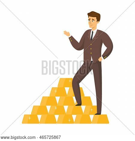 Happy Rich Man Standing On A Pyramid Of Gold Bars. Much Money And Gold Cartoon Vector Illustration