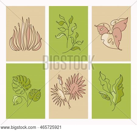 Line Art Leaves And Flowers, Boho Leaf Drawing. Minimal Autumn And Summer Plants, Fashion Decor, Min