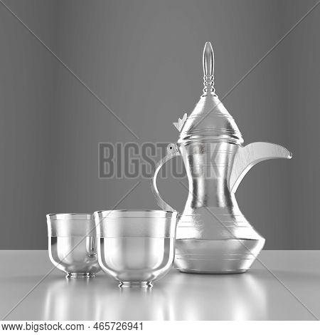 Middle Eastern Arabic Coffee Silver Dallah Pot With Cups A Symbol Of Arabian Hospitality 3d Illustra
