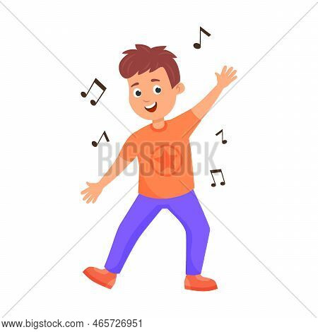 Little Boy Cheerfully Dances Modern Dance. Hobbie And Activitie Of Kids. Vector Illustrations Of Act