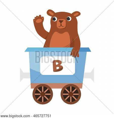 Letter B, Bear. Cute Animal In Colorful Alphabet Train. Vector Illustration Of Learning Toy For Pres