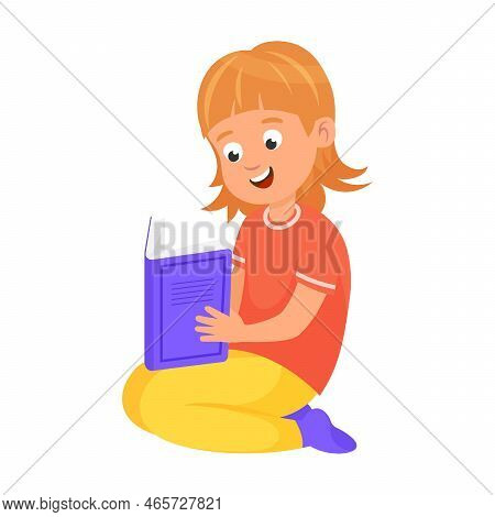 Girl Enthusiastically Reads Book From Library. Hobbie And Activitie Of Kids. Vector Illustrations Of