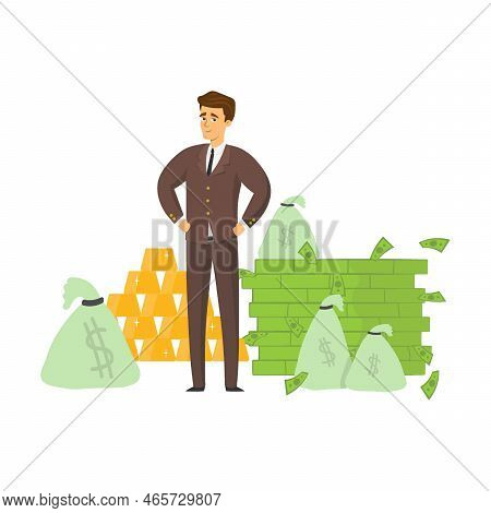 Happy Rich Businessman Against The Backdrop Of Wealth In The Bank. Much Money And Gold Cartoon Vecto