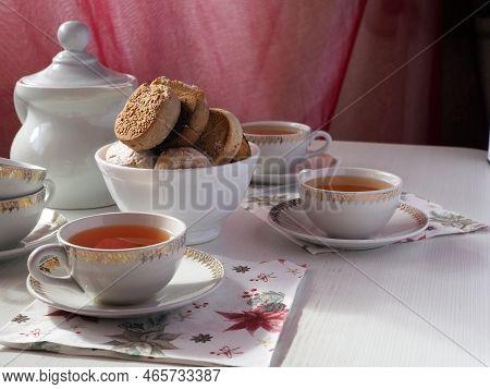 Breakfast With Traditional Spanish Christmas Pastry: Polvorones, Mantecados, Estepa. Holiday Concept