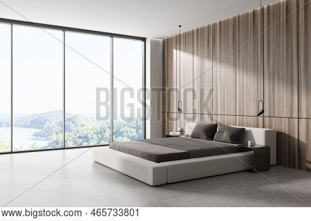 Light Hotel Bedroom Interior Bed And Minimal Decoration, Side View Panoramic Window On Sea View. Hot