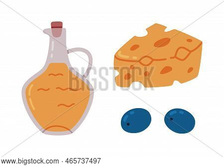 Cheese Slab, Olive And Oil In Glass Jar As Pizza Preparation Ingredients Vector Set