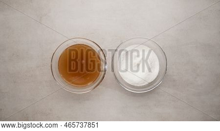 Collagen Powder In Glass Bowl And Bone Broth With Collagen On A Light Stone Background. Extra Protei