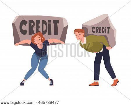 Severity Of Mortgage With Man And Woman Carrying Heavy Burden Of Credit Vector Set