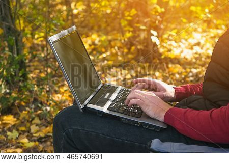 A Freelance Man Works Remotely In Nature In The Autumn Forest. Country Life. A Break From Civilizati