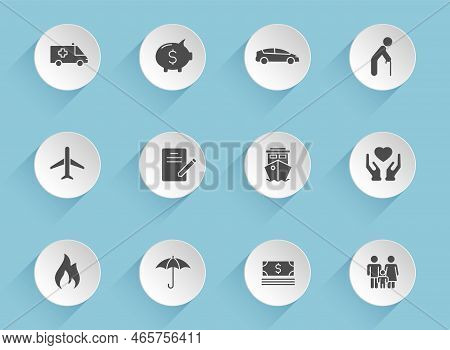 Insurance Vector Icons On Round Puffy Paper Circles With Transparent Shadows On Blue Background. Ins