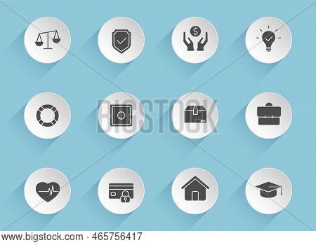Insurance Vector Icons On Round Puffy Paper Circles With Transparent Shadows On Blue Background. Ins