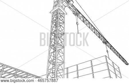 Under Construction Site With Tower Crane Civil Engineering 3d Line Sketch Illustration