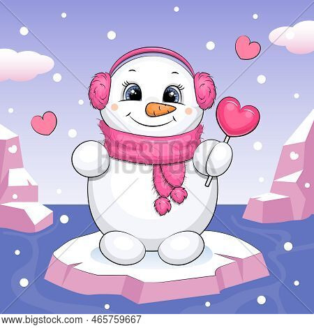 Cute Cartoon Snowman With Pink, Fur Headphones And Candy On Ice. Winter Vector Illustration With Sno