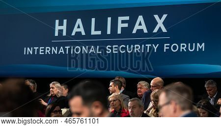 Halifax, Canada - Nov. 18, 2022: Working Moments Of The Hfx Forum. Conference Room, Emblem And Parti