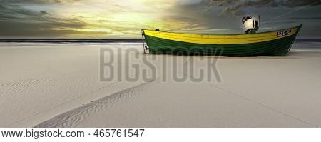 Sunset Over Baltic Sea With Fishing Boat On The Beach - Debki, Pomerania, Poland