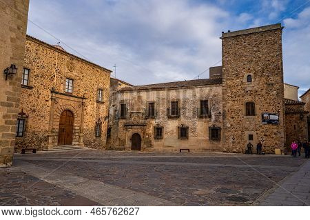 Caceres, Spain - November 09, 2022: Episcopal Palace Located In Plaza Santa Maria, Main Facade, Rena