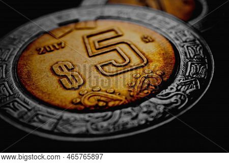 Coin Of Mexican 5 Pesos Close-up. Peso Of Mexico. News About Economy Or Currency. Loan And Credit. M