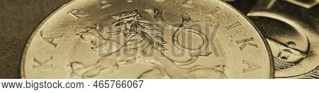 Translation: Czech Republic. 50 Crowns. Brown Tinted Coin Banner For News About Economy Or Finance. 