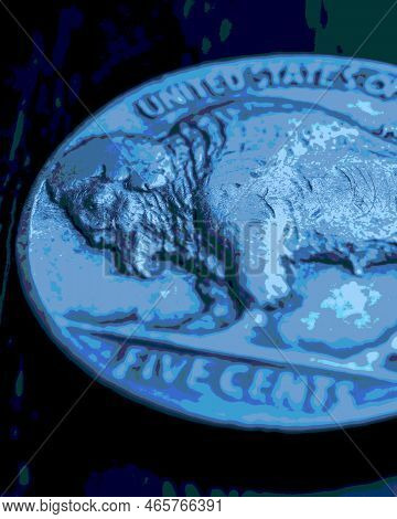 Us Nickel. Coin 5 Cents Close-up. Blue Tinted Pasteurization Stories With American Bison. Buffalo Ni
