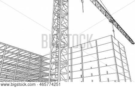 Under Construction Site Civil Engineering With Tower Crane 3d Illustration Line Sketch
