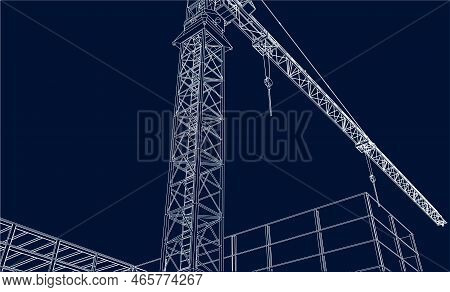 Under Construction Site With Tower Crane Civil Engineering 3d Line Sketch Illustration Blueprint
