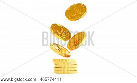3d Render Of Islamic Rial Coins Standing Near Of Stacked Golden Coins. Gold Riyal Isolated On White 