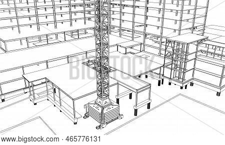 Under Construction Site Engineering Frame Structure 3d Illustration Line Sketch Blueprint